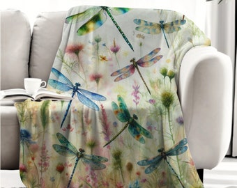 Dragonfly Wildflower Throw Blanket, Floral Dragonfly Blanket, Dragonfly Decor, Botanical Nature Blanket, Cottagecore Blanket, Dragonfly Gift