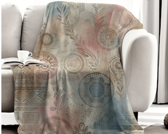 Vintage Boho Pattern Blanket Throw, Bohemian Watercolor Blanket, Artsy Aesthetic Earth Tones Travel Blanket, Boho Living Room Decor Gift