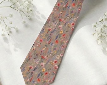 Taupe Wildflower Wedding Tie, Mocha Floral Necktie, Romantic Vintage Colorful Flower Tie, Spring Garden Wedding Groom & Groomsmen Tie