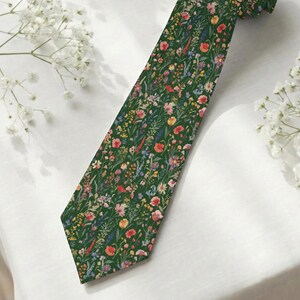 Wildflower Wedding Tie, Colorful Floral Necktie on Hunter Green, Botanical Groom & Groomsmen Tie Gift, Garden Wedding Cottagecore Flower Tie