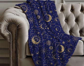 Celestial Moon Sun Stars Blanket, Sofa Couch Throw Nursery Moon Blanket Gift, Night Time Sky Blanket Gift, Outer Space Galaxy Blanket