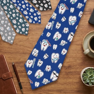May include: A collection of novelty neckties with a repeating cartoon tooth pattern. The ties are in various colors, including blue, gray, and black. The teeth have different expressions and are accessorized with items like sunglasses and toothbrushes.