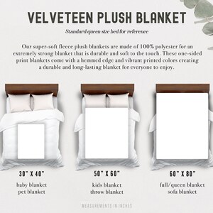 May include: Three plush blankets of different sizes are shown on beds. The blankets are white and are shown on a queen-sized bed for reference. The sizes are 30" x 40", 50" x 60", and 60" x 80".