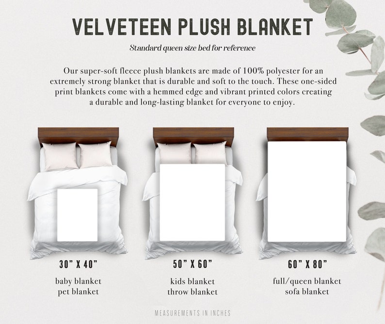 May include: Three plush blankets of different sizes are shown on beds. The blankets are white and are shown on a queen-sized bed for reference. The sizes are 30" x 40", 50" x 60", and 60" x 80".
