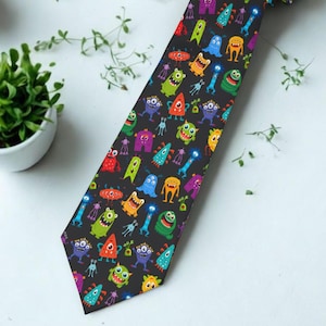 Colorful Monster Necktie, Fun Cartoon Creatures Tie, Quirky Novelty Pattern Tie for Men, Teacher Classroom Tie Gift