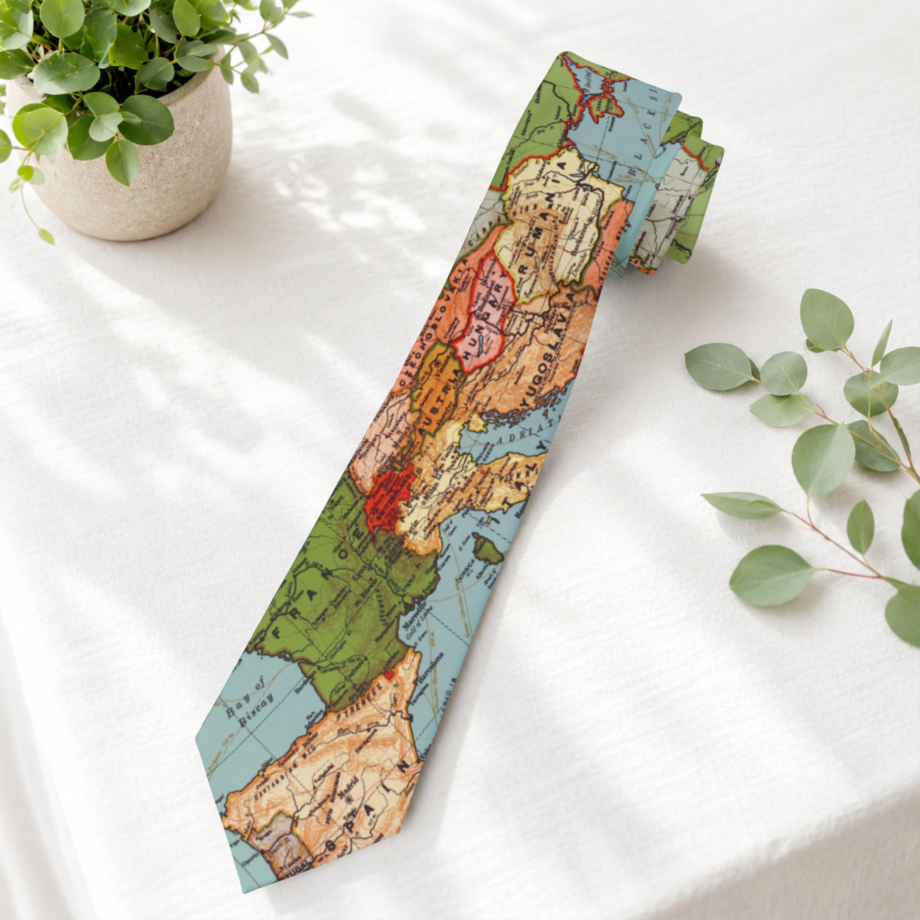 World Map Tie, Geography Tie Gift for History Teacher, Vintage Map of Europe Spain France Italy Tie Necktie Gift