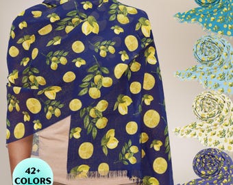 Lemon Scarf, Citrus Fruit Scarf, Yellow Lemon Pattern Wrap, Summer Headwrap, Lightweight Thin Scarf with Lemons, Italian Inspired Scarf Gift