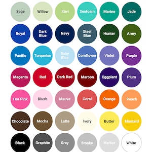May include: Color chart with 36 different color swatches in circles. The colors are arranged in rows and columns, with the names of each color printed below the circle.