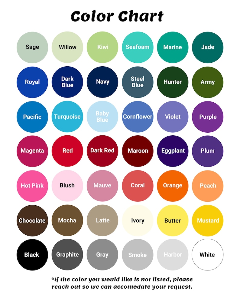 May include: Color chart with 36 different color swatches in circles. The colors are arranged in rows and columns, with the names of each color printed below the circle.