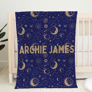 Personalized Name Baby Blanket Gift, Custom Name Baby Boy Girl Blanket Celestial Moon Sun Stars Night Sky Outer Space Galaxy Planets Blanket