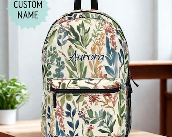 Botanical Backpack with Custom Name, Watercolor Leaf Floral Print Bag, Nature-Inspired Cottagecore Boho School Backpack Kids Teens College