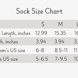 May include: Sock size chart with measurements in inches for total length and width. The chart also includes US shoe size conversions for women and men.