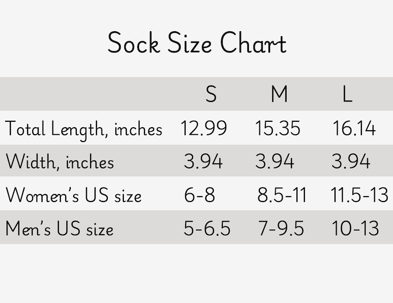 May include: Sock size chart with measurements in inches for total length and width. The chart also includes US shoe size conversions for women and men.