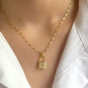 Zirconia Padlock Necklace,Gold Elegance Necklace,Luxury Lock Necklace,Stainless Steel Charm,Gemstone Lock Pendant,Elegant Neck Adornment