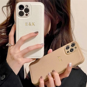iPhone 15 Pro & iPhone 14 Phone Case | Personalized Initials Engraving | Monogram Vegan Leather Cover