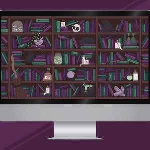 May include: A computer screen displays a digital illustration of a bookshelf filled with books, candles, and witchy items. The color palette includes purple, green, and brown tones, creating a mystical and enchanting aesthetic. The screen is set against a purple background.