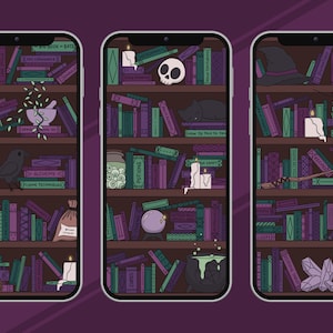 Witch&#39;s Bookshelf Phone Wallpapers HD | Niedlicher gruseliger illustrierter Hintergrund
