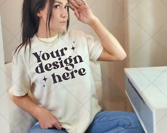 C1717 Ivory T-Shirt Mockup, Comfort Colors 1717, 1717 Ivory, White Shirt Mockup, Real Model Mock Up, Lifestyle Mocks, Influencer Mockup