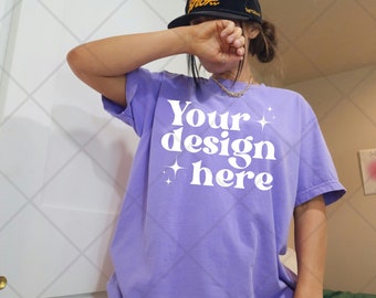 C1717 Violet Oversized T-Shirt Mockup, Comfort Colors 1717 Violet Mock Up, Real Model, Styled Mockup, Lifestyle Mocks, Influencer Mockup