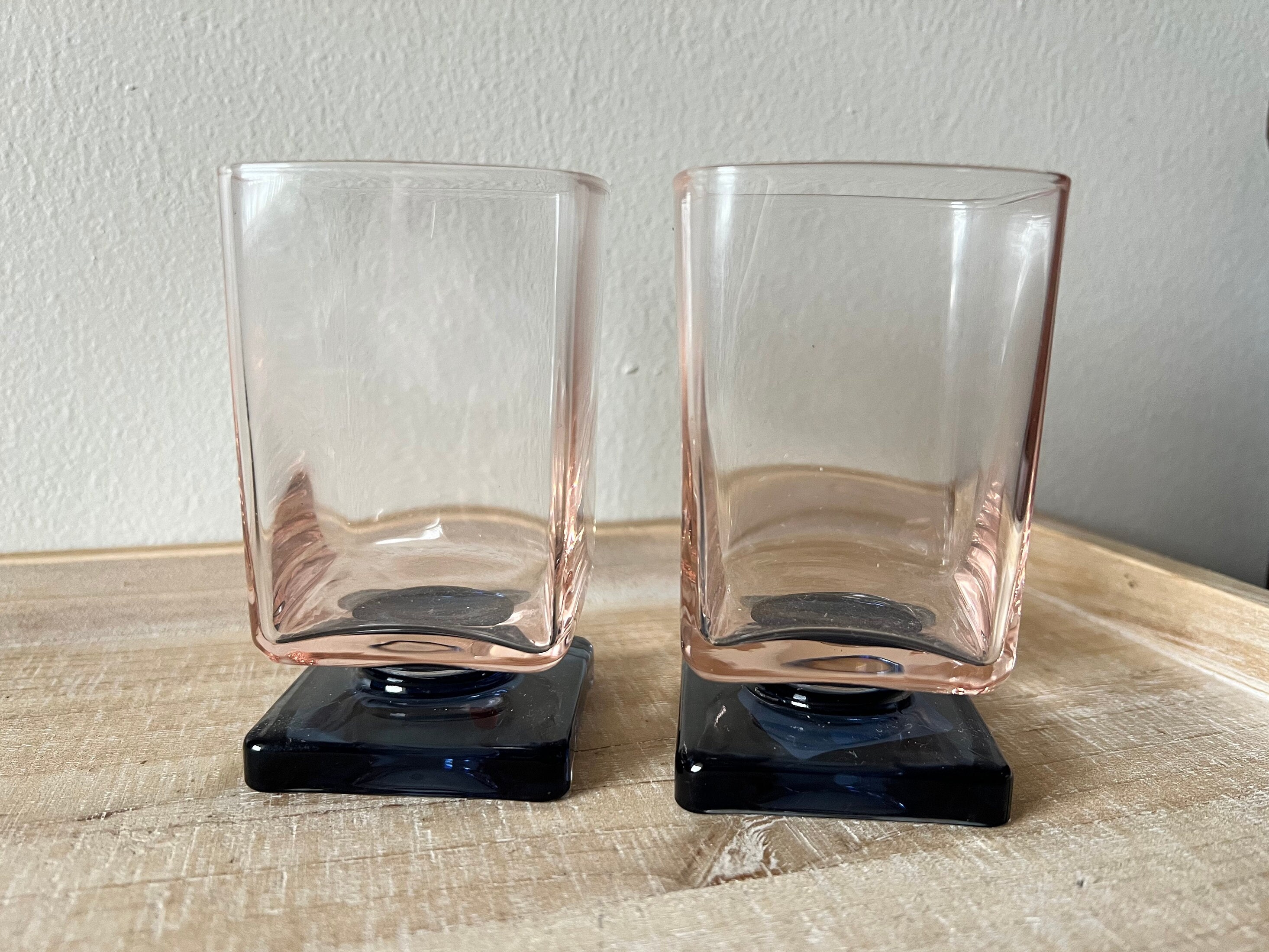 Set of 2 MCM Square Drinking Glasses Black Purple Short Pedestal Cordial  Glasses