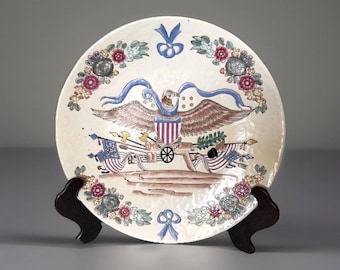 Vintage Americana 14” Decor Plate Handpainted Patriotic Eagle, Pretty Floral & Ribbon