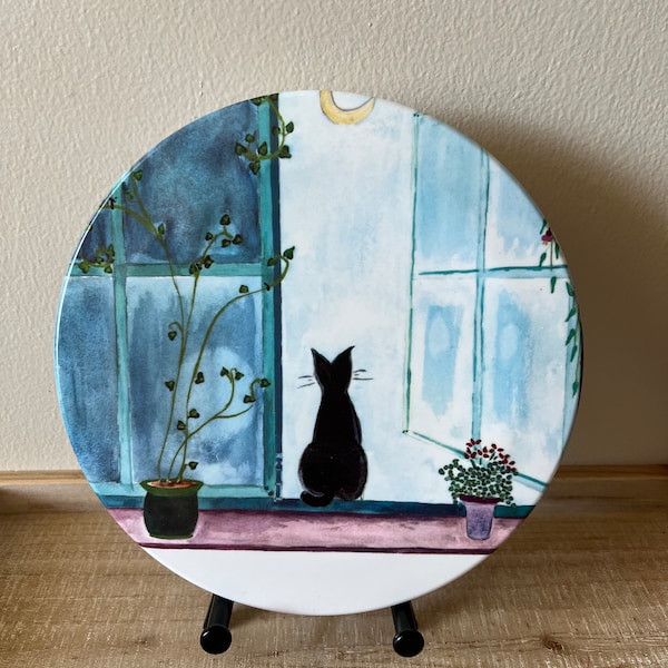 Catherine Piret MEBEL Black Cat Sitting in Window Melamine Trivet/Tray