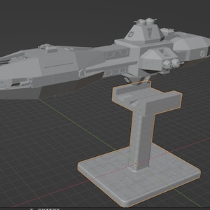 May include: A grey 3D model of a spaceship on a grey stand. The spaceship has a long, narrow body with a pointed nose and a large, flat wing on each side. The stand is a simple, rectangular shape with a flat top and a single, vertical support.