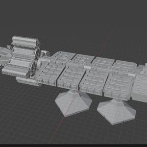 Puede incluir: Un modelo 3D detallado de una gran nave espacial gris con un diseño complejo. La nave espacial tiene múltiples secciones y un cuerpo largo y estrecho. Está apoyada en seis patas.