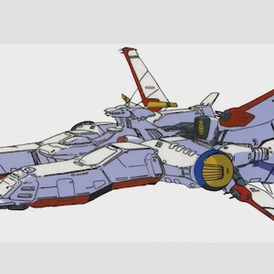 Puede incluir: Una ilustración de una nave espacial futurista con un casco de color violeta claro y blanco con destacados acentos rojos en las alas. La nave presenta un diseño mecánico complejo con una gran tobera de motor amarilla y alas angulares.