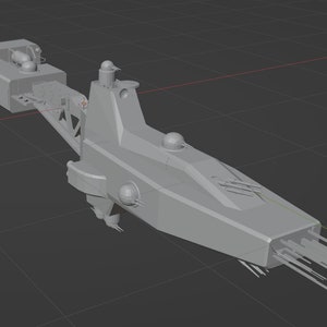 May include: A gray 3D model of a futuristic spaceship with a long, narrow body and a pointed nose. The spaceship has a series of small, round windows along the side and a large, rectangular window in the front. The spaceship is equipped with a variety of weapons, including cannons and missiles.