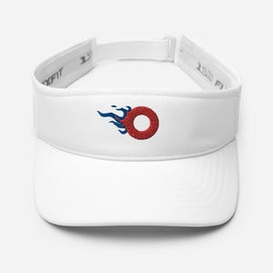 May include: White visor with a red circle with a blue flame design embroidered on the front.