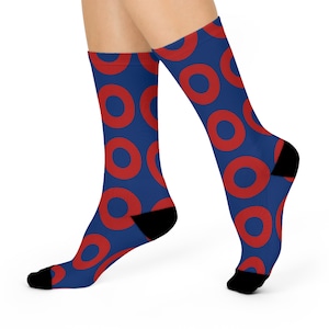 May include: A pair of blue socks with a red donut pattern. The socks are made of a soft, comfortable material and are perfect for everyday wear.