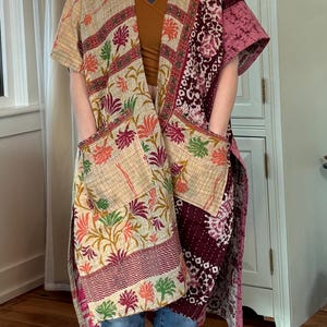 Kantha Kimono Wrap, Boho Duster Jacket, Reversible Cotton Shawl, One of a Kind Festival Layer