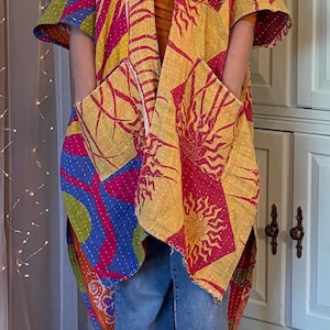 Kantha Kimono Duster – Reversible Oversized Wrap – Boho Layering Jacket