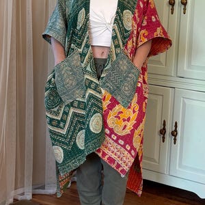 Kantha Kimono Duster – Reversible Oversized Wrap – Boho Layering Jacket