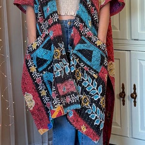 Reversible Kantha Kimono Jacket – Handmade Boho Duster – Oversized Beach Cover-Up