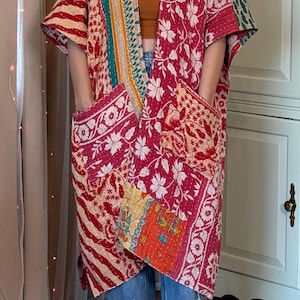Reversible Kantha Wrap Kimono – Oversized Bohemian Duster – Loose Fit Jacket