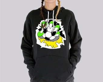 May include: Black hoodie with a graphic of a green hand reaching out of a ripped hole, holding a soccer ball. The hand is outlined in white and the soccer ball is black and white.