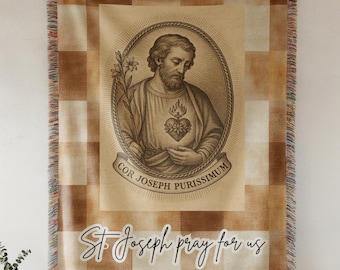 Personalized St Joseph Blanket, Catholic Gift For Family, Religious Cotton Blanket, Prayer Throw, Devotional Gift, St Joseph Woven Blanket