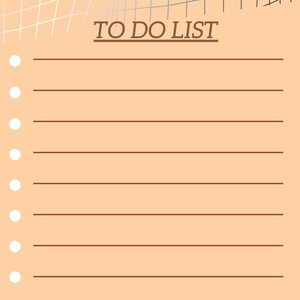 Peut inclure: Une liste de choses à faire de couleur pêche avec un motif de grille gris et blanc en haut. La liste comporte 15 cercles blancs avec des lignes à côté pour écrire.