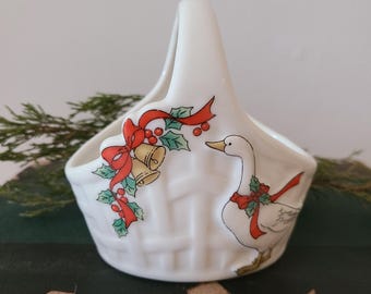 Vintage Japanese Porcelain Goose Basket, Christmas Porcelain Candy Dish, Storybook Holiday Decor, Cottagecore Christmas