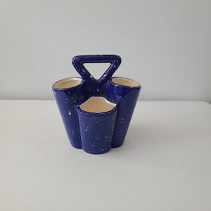 Vintage Ceramic Organizer with Handle | Makeup Brush Holder | Desk Organizer | Blue Pottery Caddy | Craft Supply Storage | Retro Home Decor