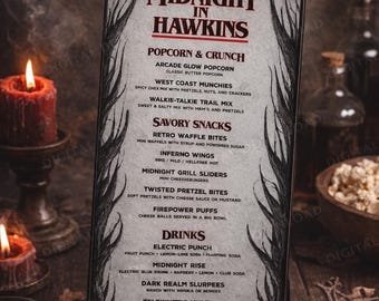 Retro Horror do druku | Menu inspirowane science fiction z lat 80. | Dekoracja na imprezę Dark Vine | Edytowalny szablon menu