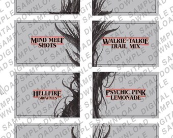 Retro Horror do druku | Wizytówki na stół inspirowane science fiction z lat 80. | Dekoracje imprezowe Dark Vine | Edytowalny szablon kartek na jedzenie