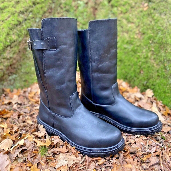 Bottes en cuir mi-mollet, Bottes à bout rond et talon bas, Bottes d'équitation, Cuir véritable avec boucle et fausse fourrure à l'intérieur, Bottes d'université pour femme