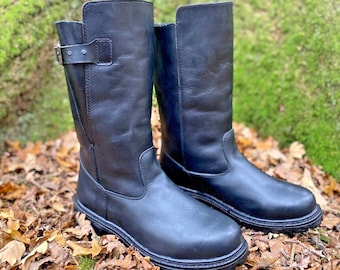 Bottes en cuir mi-mollet, Bottes à bout rond et talon bas, Bottes d'équitation, Cuir véritable avec boucle et fausse fourrure à l'intérieur, Bottes d'université pour femme