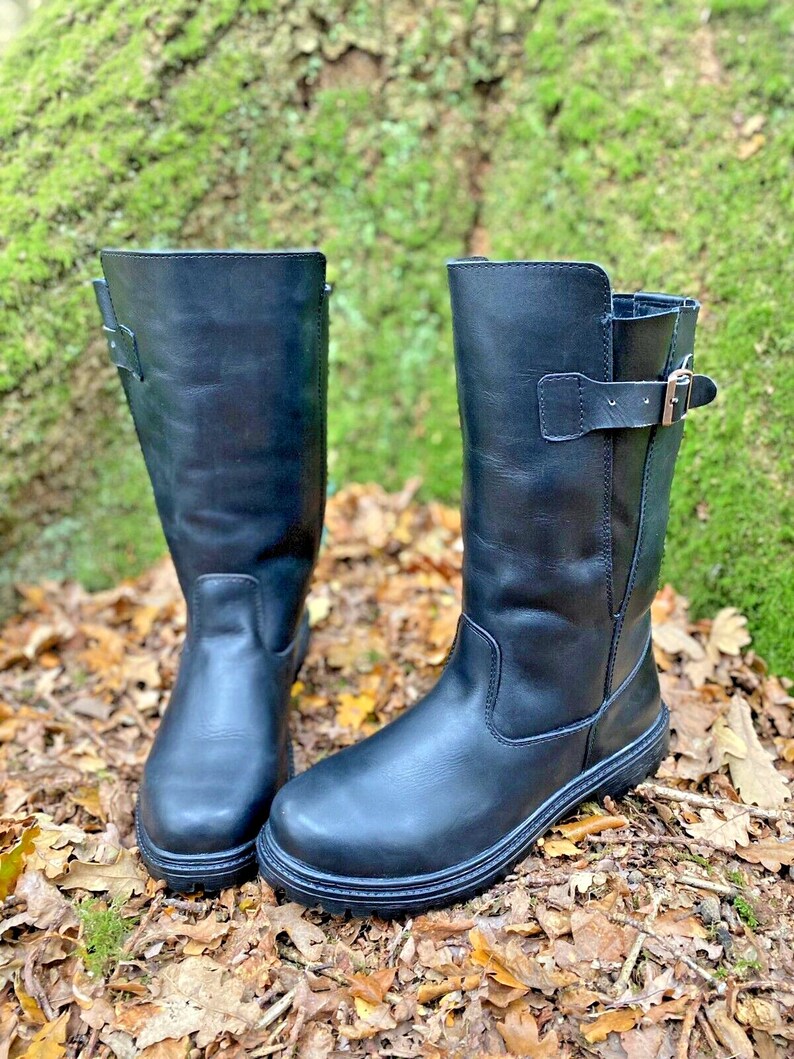 Mid Calf Leather Boots, Round Toe Low Heel Boots, Horseback Riding