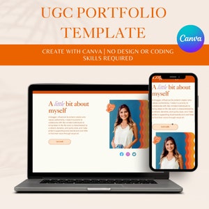 Puede incluir: Un portátil y un smartphone que muestran una plantilla de portafolio UGC. La plantilla presenta una foto de una mujer, el texto «A little bit about myself» y el logotipo de Canva. El diseño es en tonos naranja, beige y azul.