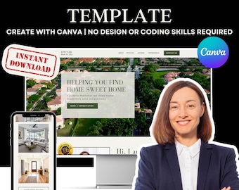 May include: A website template for real estate agents, featuring a woman with arms crossed, a desktop computer displaying a website with the text "Helping you find home sweet home", and a mobile phone displaying a photo gallery. The template is designed to be used with Canva.