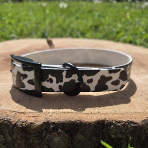 May include: A black and white cow print dog collar with a black buckle and D-ring. The collar is set on a wooden surface with green grass in the background. The collar is a pet accessory.